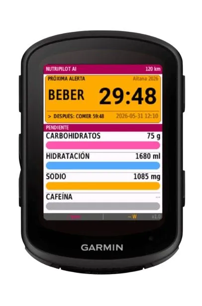 Alerta de Nutripilot en un ciclocomputador Garmin Edge