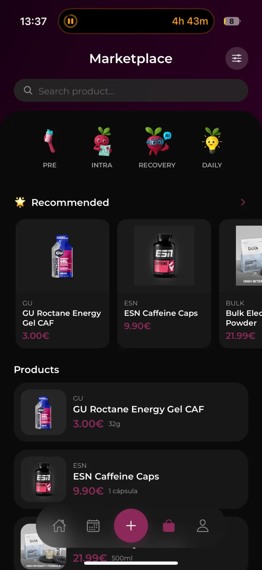 Pantalla de la app: marketplace de suplementos